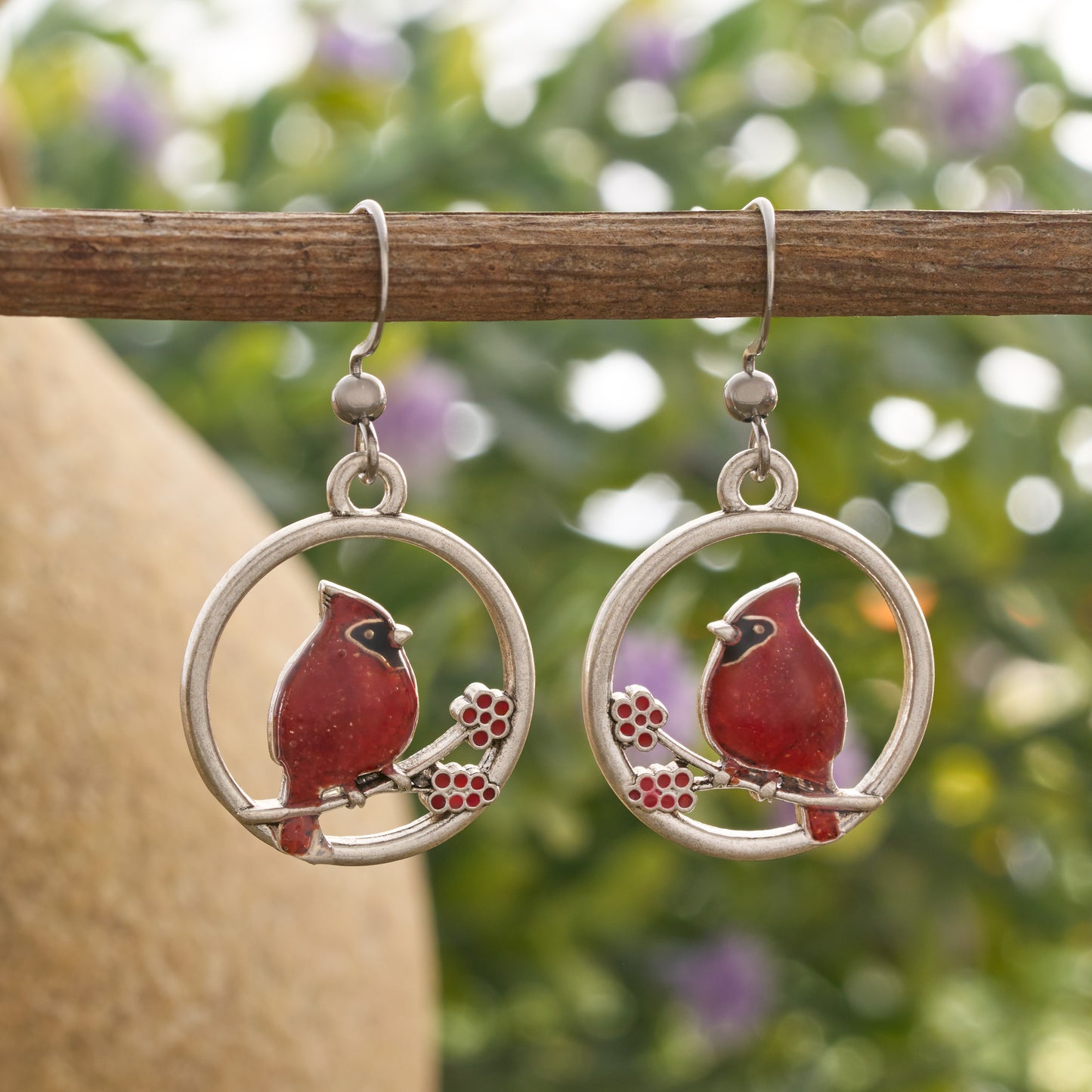 Red Glass Cardinal Holly Branch Earrings