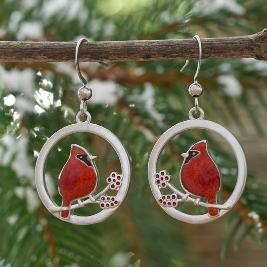 Red Glass Cardinal Holly Branch Earrings