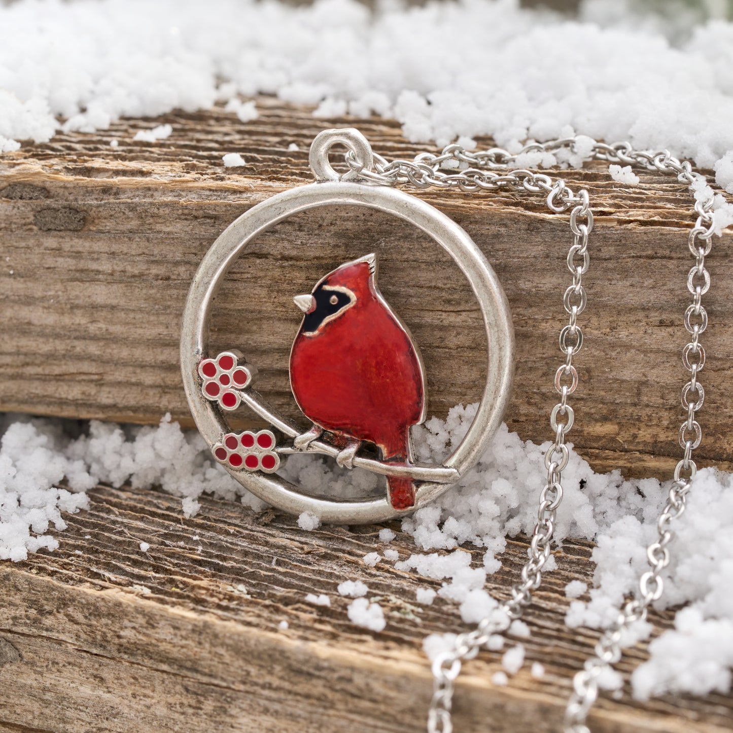 Red Glass Cardinal Holly Branch Necklace