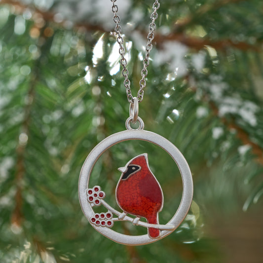 Red Glass Cardinal Holly Branch Necklace
