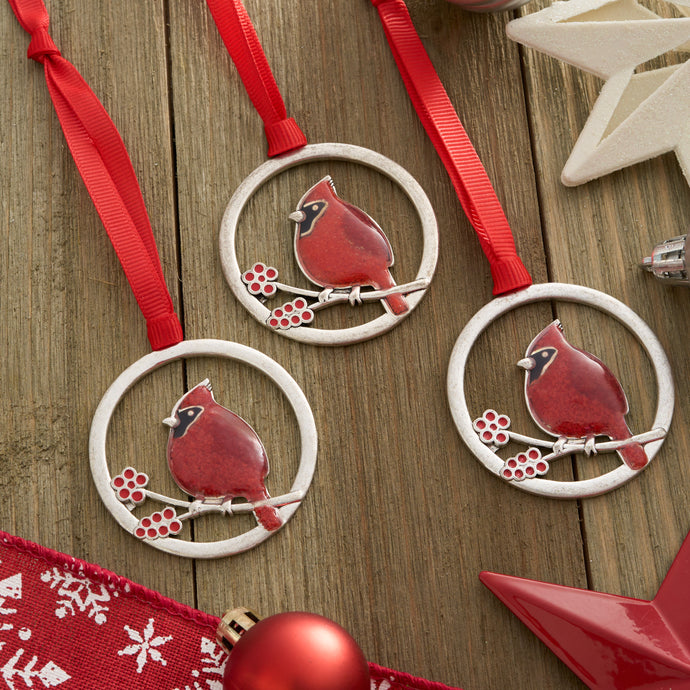 Red Glass Cardinal Branch Ornament Gift Set
