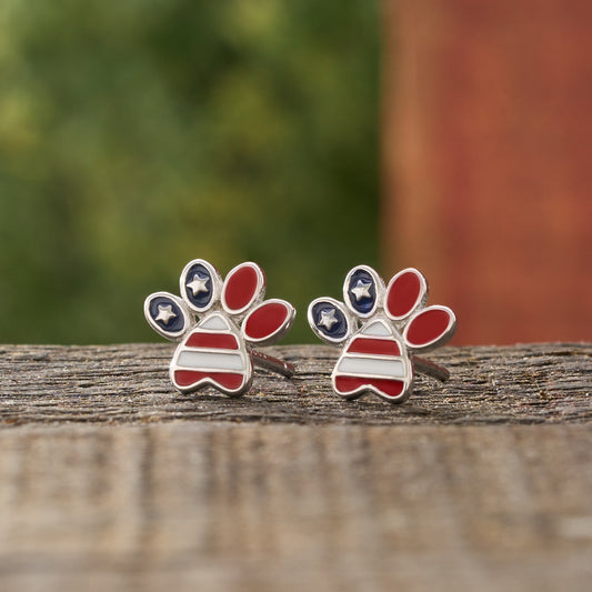 Sterling Silver American Flag Dog Paw Studs