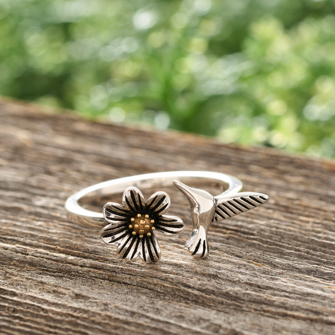 Sterling Silver Hummingbird Flower Ring