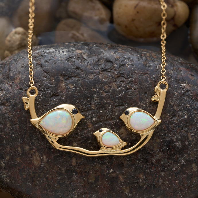 Gold Sterling Silver Triple White Opal Birdie Branch Necklace
