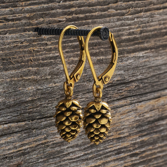Vintage Gold Leverback Pine Cone Earrings