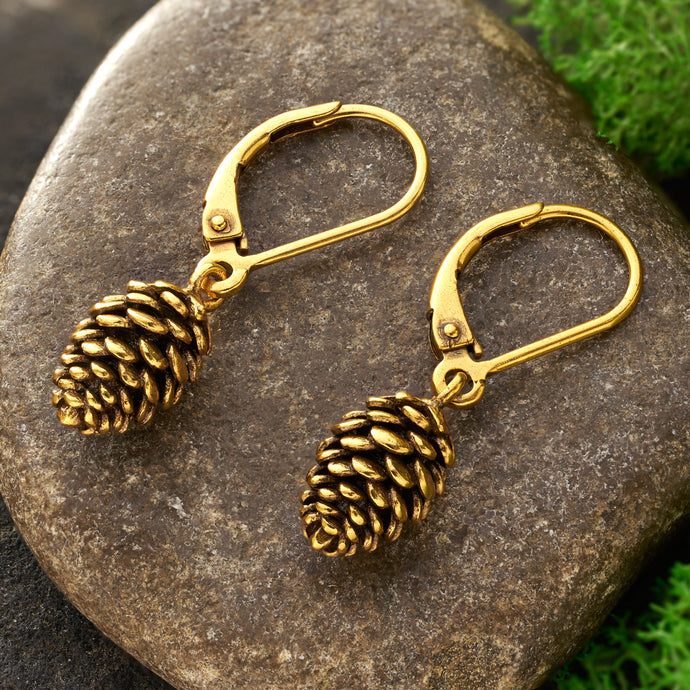 Vintage Gold Leverback Pine Cone Earrings