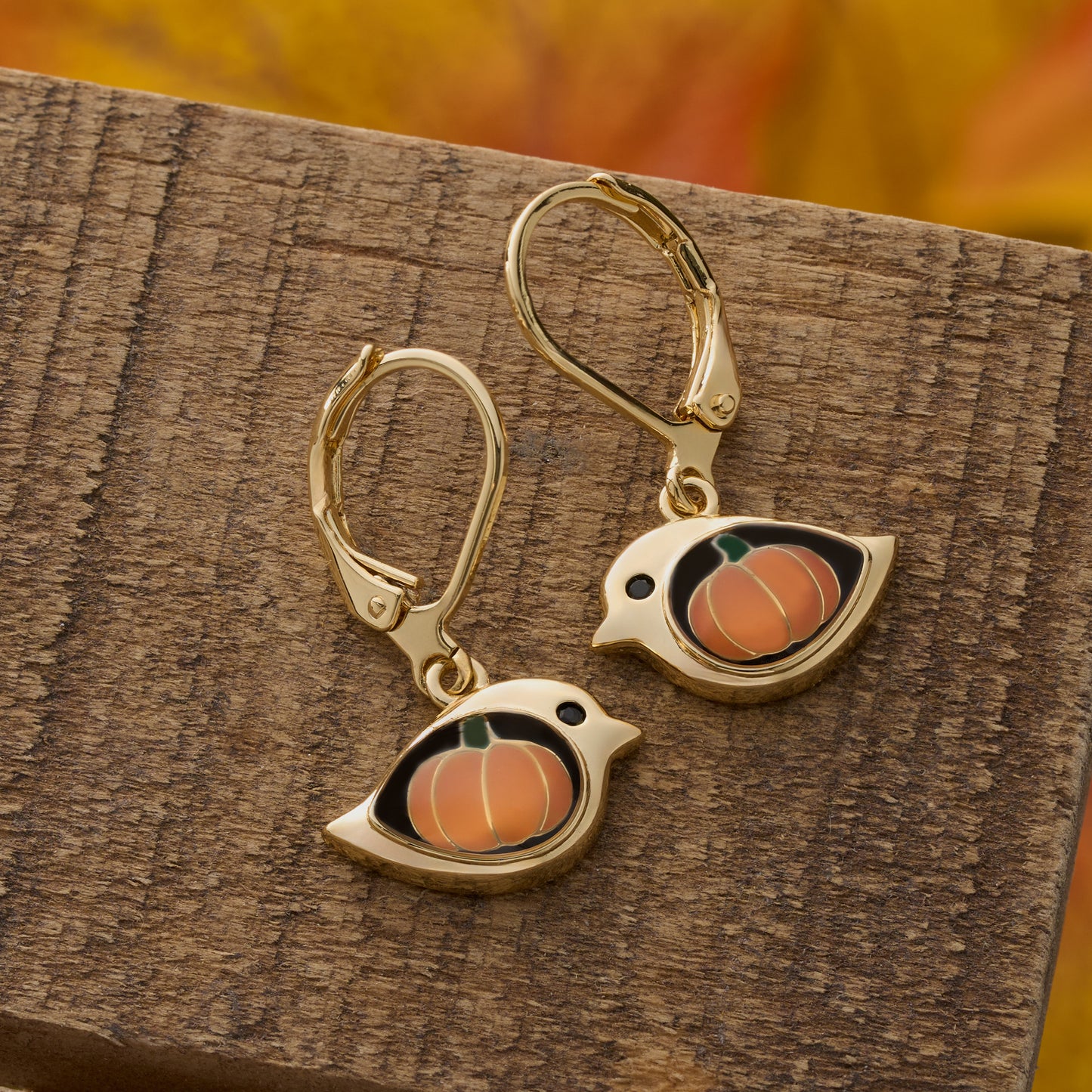 Gold Leverback Pumpkin Birdie Earrings