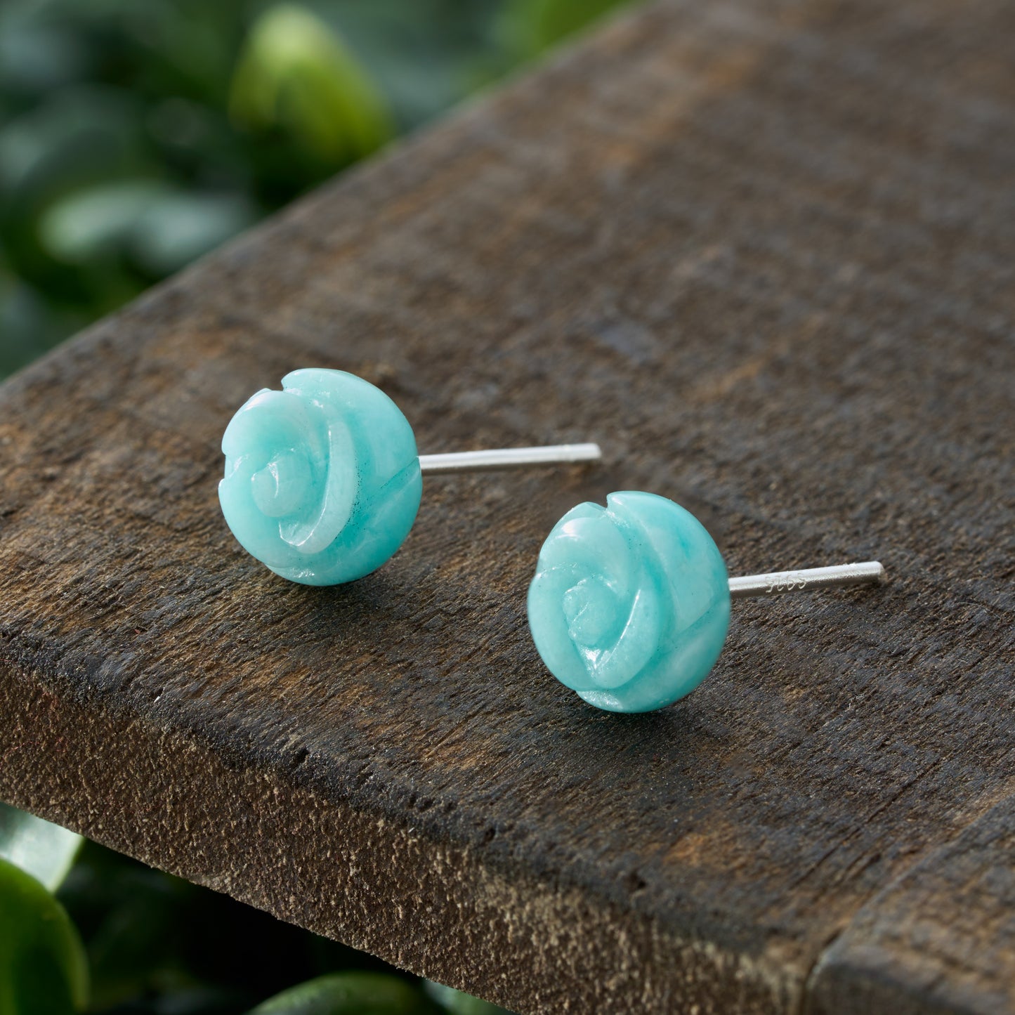Carved Amazonite Rose Studs
