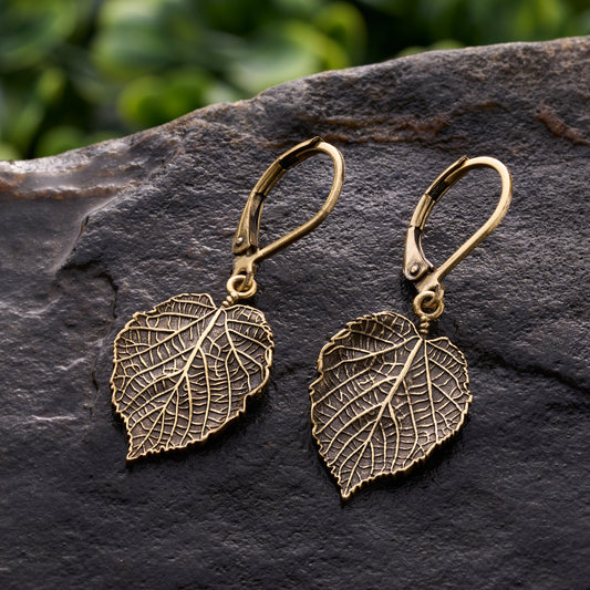Gold Leverback Vintage Birch Leaf Earrings