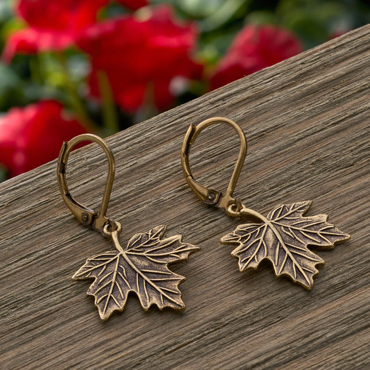 Gold Leverback Vintage Maple Leaf Earrings