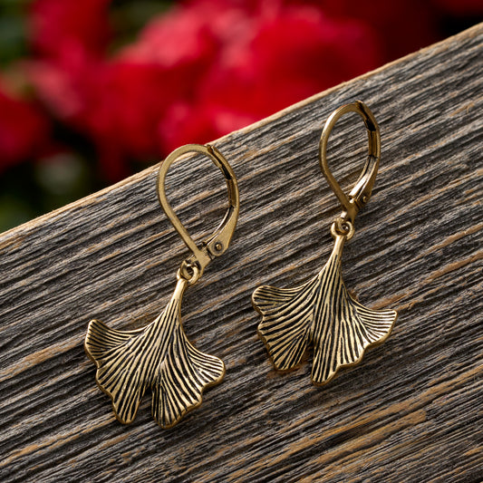 Gold Leverback Vintage Ginkgo Leaf Earrings