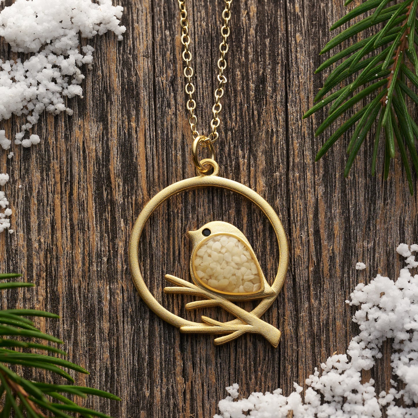 Gold Cream Glass Birdie Branch Necklace