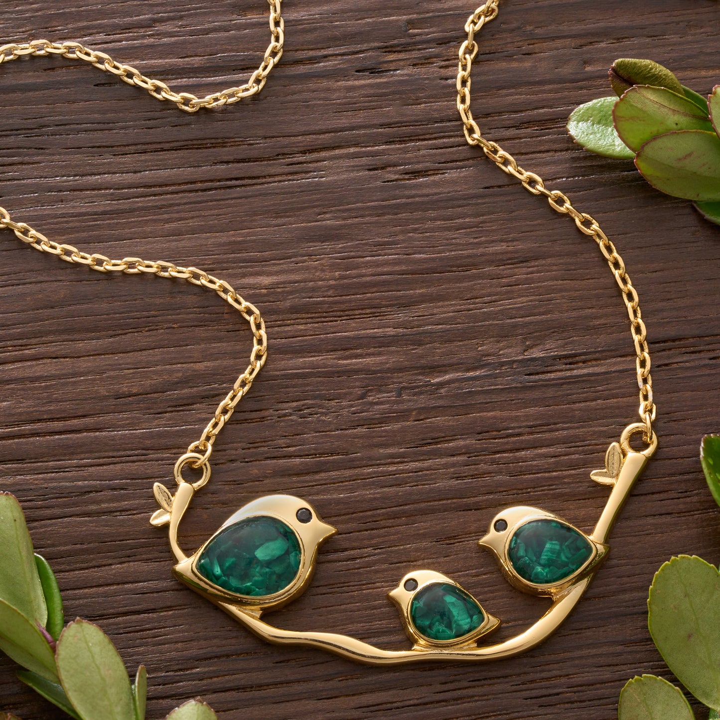 Gold Triple Malachite Birdie Branch Necklace