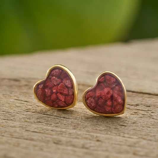 Gold Sterling Silver Cinnabar Heart Studs
