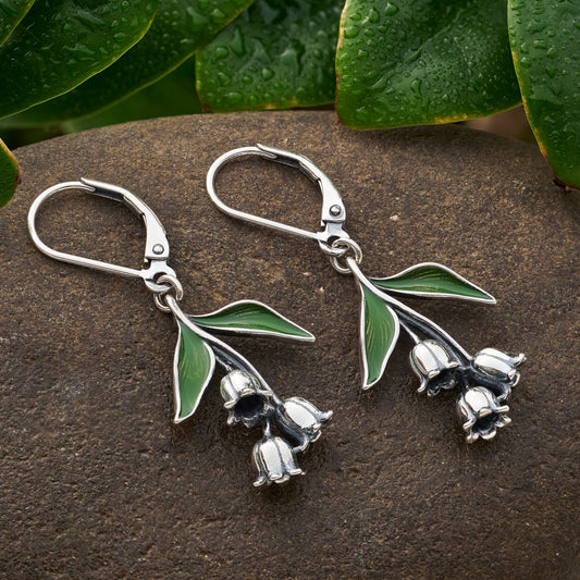 Sterling Silver Lily of the Valley Floral Drop Leverback Earrings