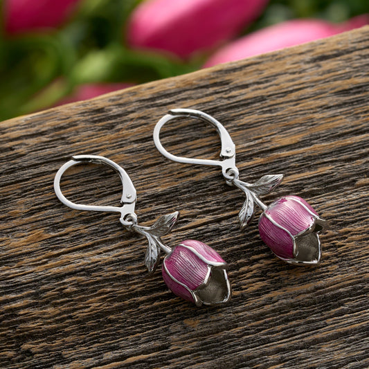 Hand-Painted Pink Tulip Leverback Earrings