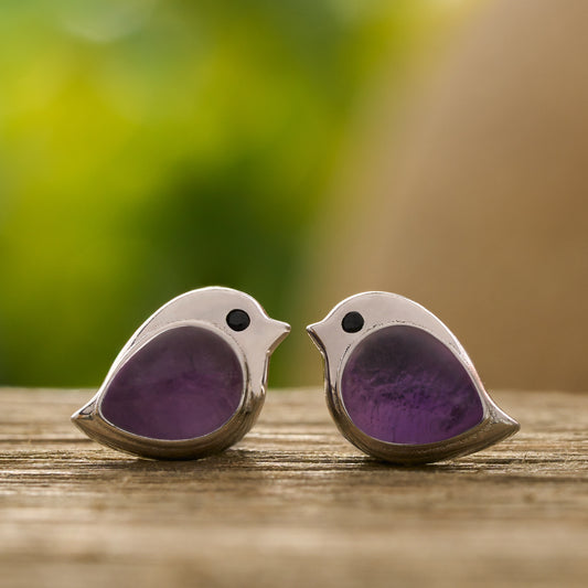 Sterling Silver Amethyst Gemstone Birdie Studs