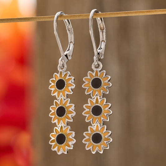 Triple Sunflower Bar Leverback Earrings