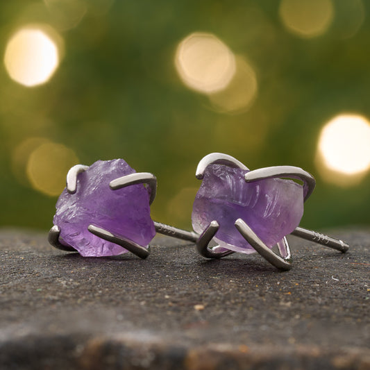 Sterling Silver Amethyst Raw Gemstone Studs