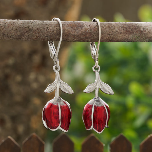 Hand-Painted Red Tulip Leverback Earrings