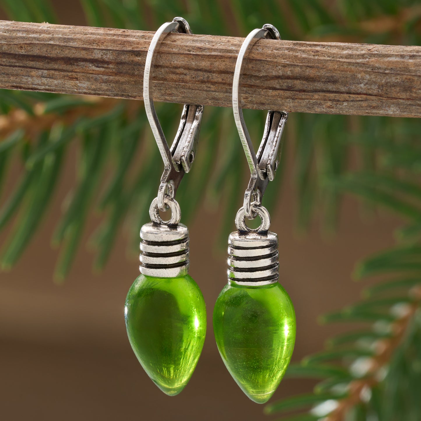 Leverback Green Christmas Light Earrings