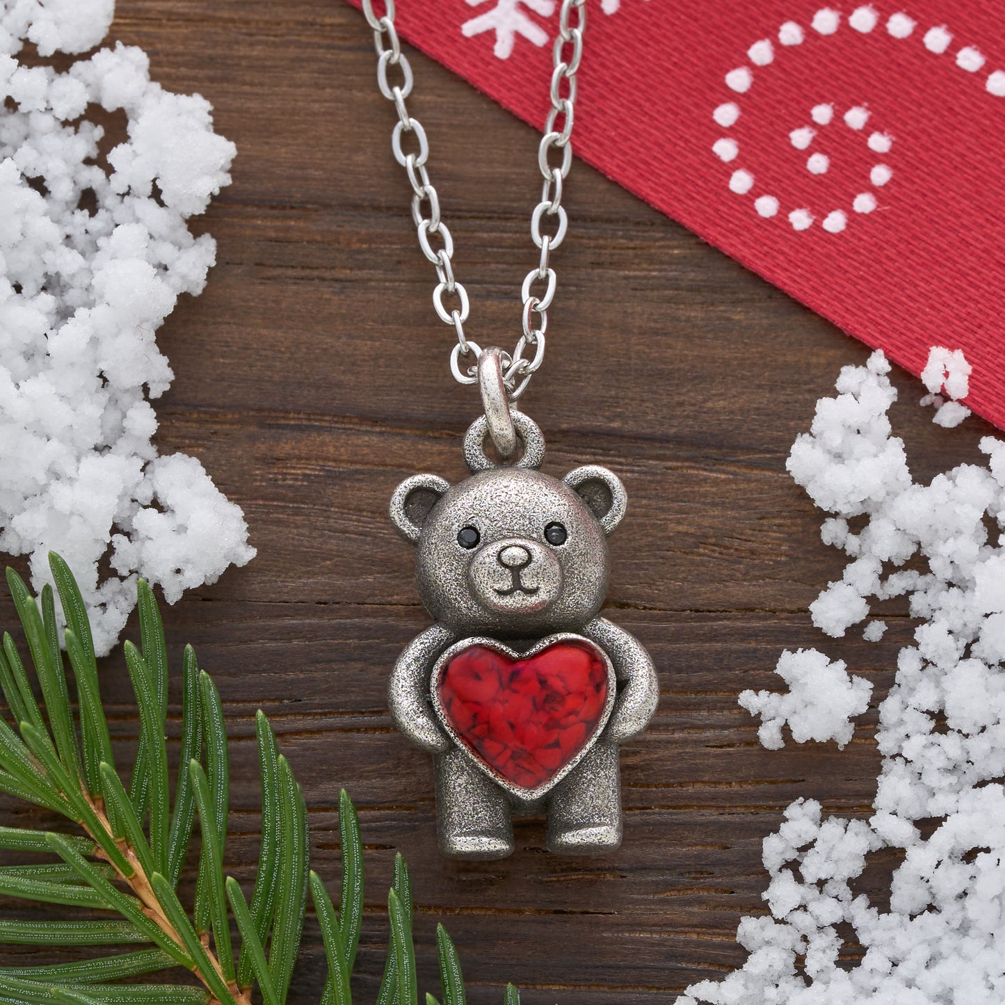 Dainty 3D Teddy Bear with Red Glass Heart Necklace