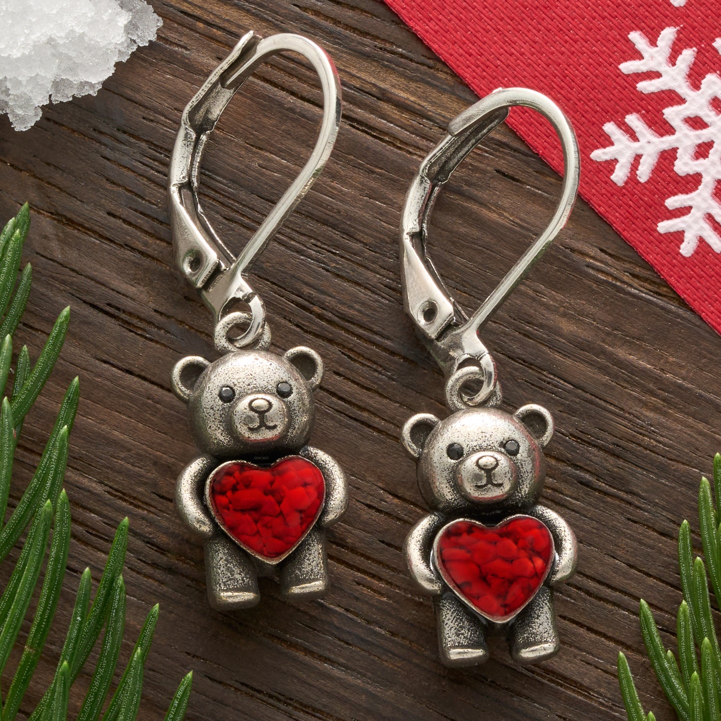 Leverback Dainty 3D Teddy Bear with Red Glass Heart Earrings