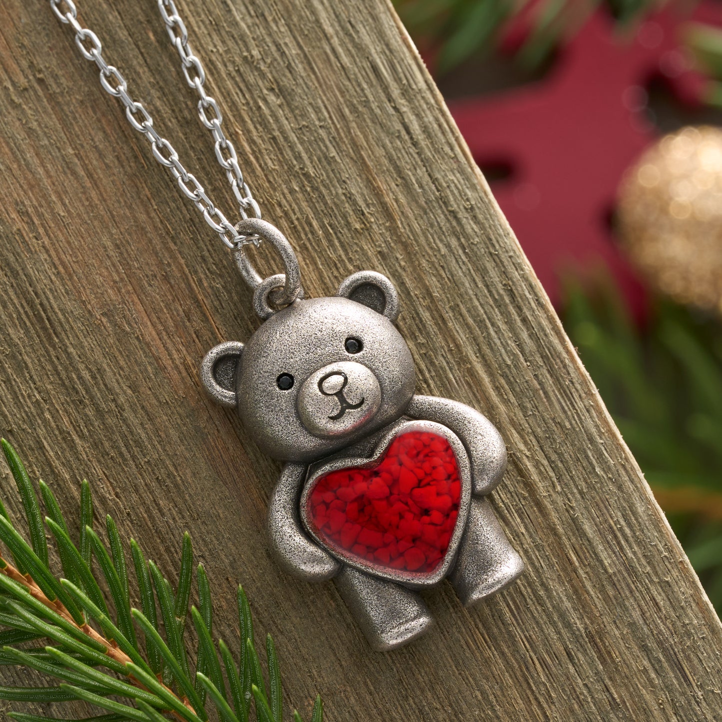 Teddy Bear with Red Glass Heart Necklace