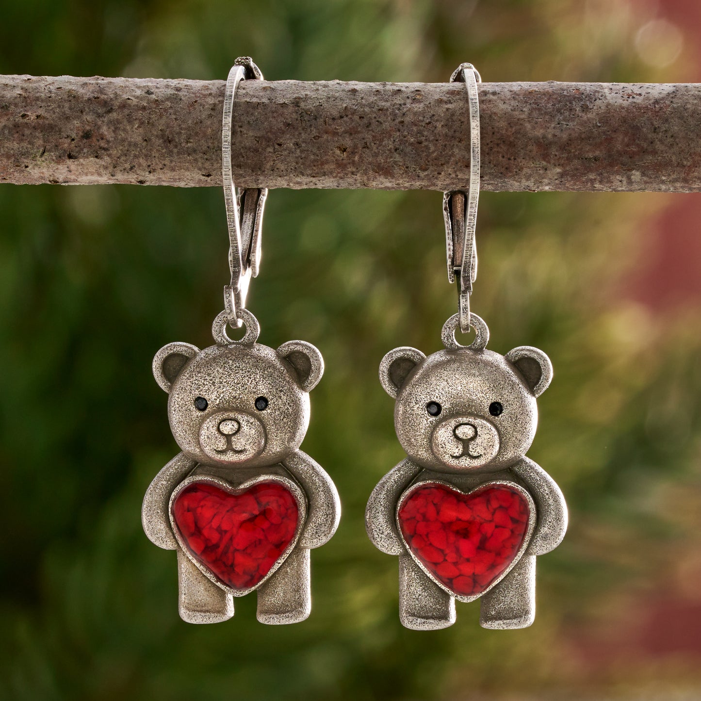 Leverback Teddy Bear with Red Glass Heart Earrings