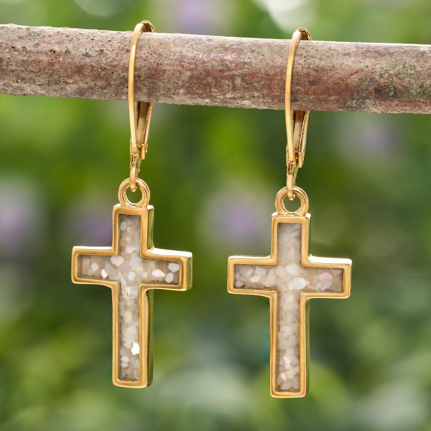 Gold Mother of Pearl Cross Leverback Earrings