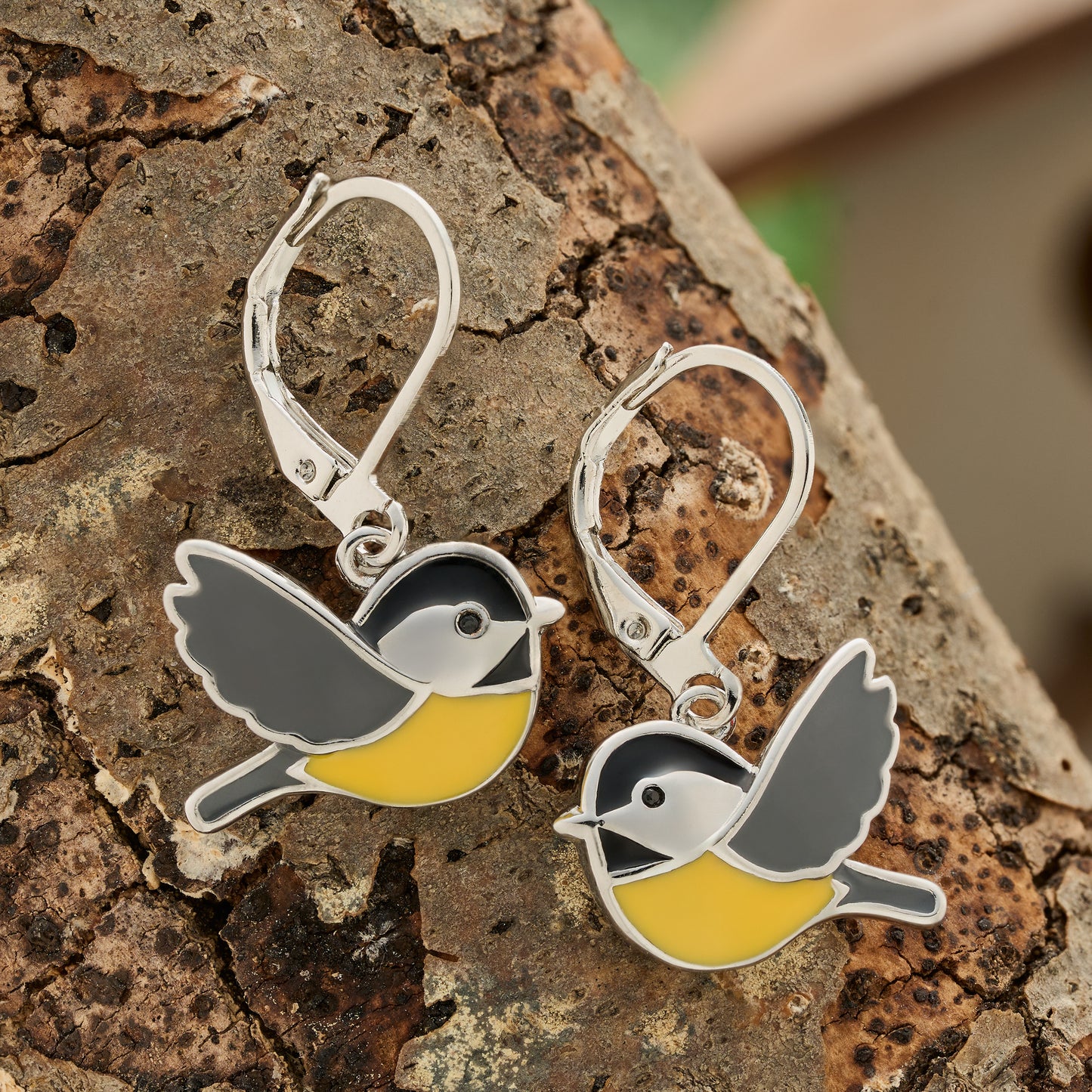 Leverback Flying Enamel Chickadee Earrings