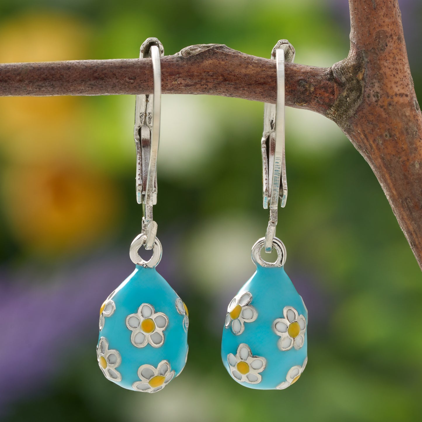 Blue Daisy Easter Egg Leverback Earrings