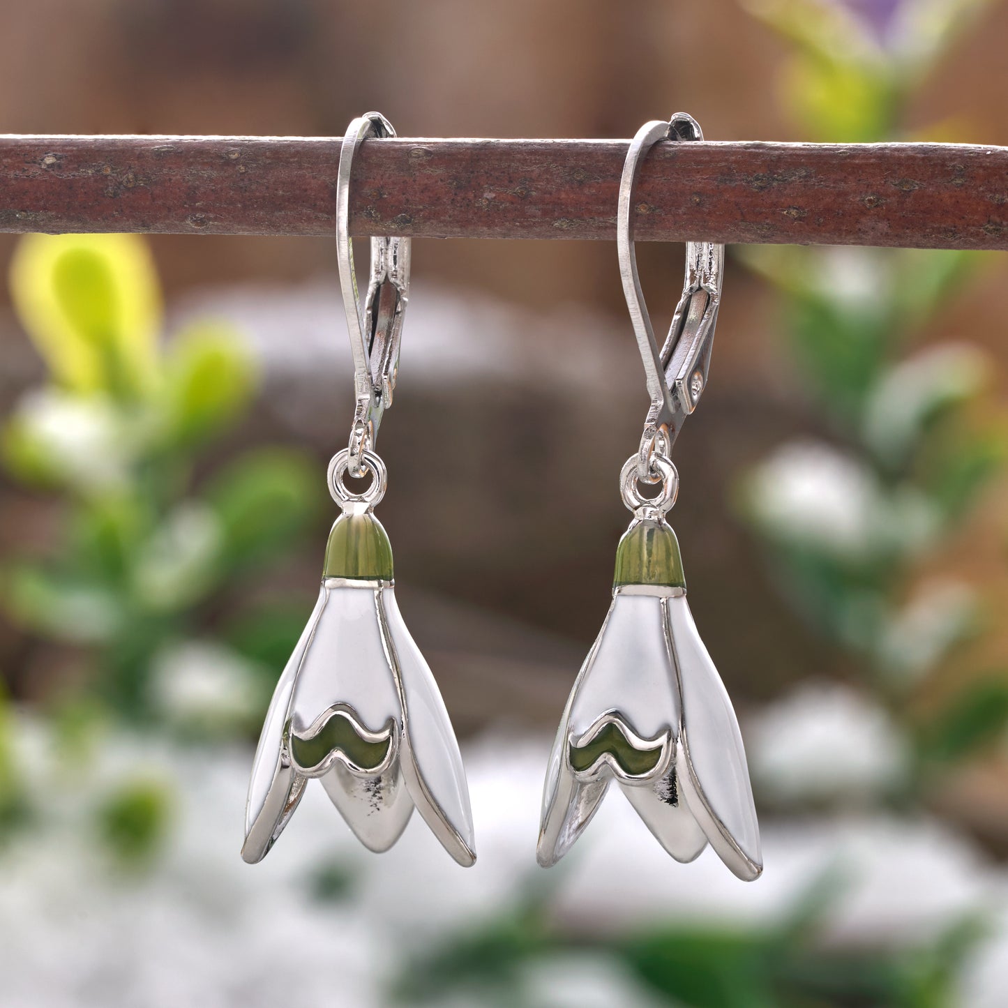 Leverback Enamel Snowdrop Flower Earrings