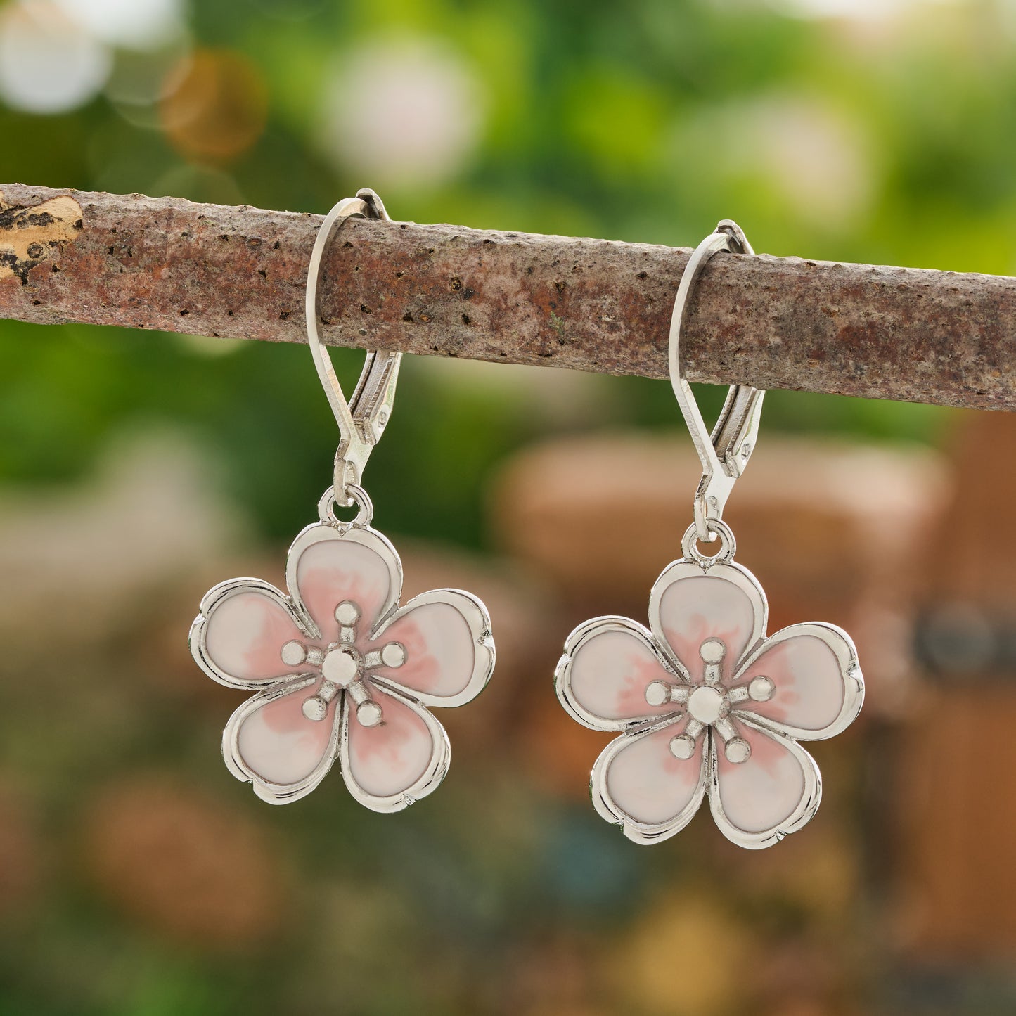 Enamel Cherry Blossom Leverback Earrings