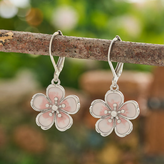 Enamel Cherry Blossom Leverback Earrings