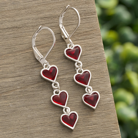 Dangling Red Heart Leverback Earrings