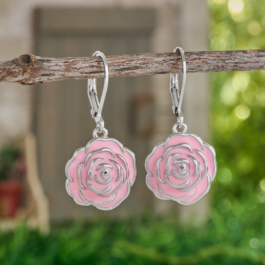 Hand-Painted Pink Rose Leverback Earrings