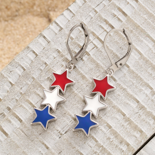Red White Blue Triple Star Leverback Earrings