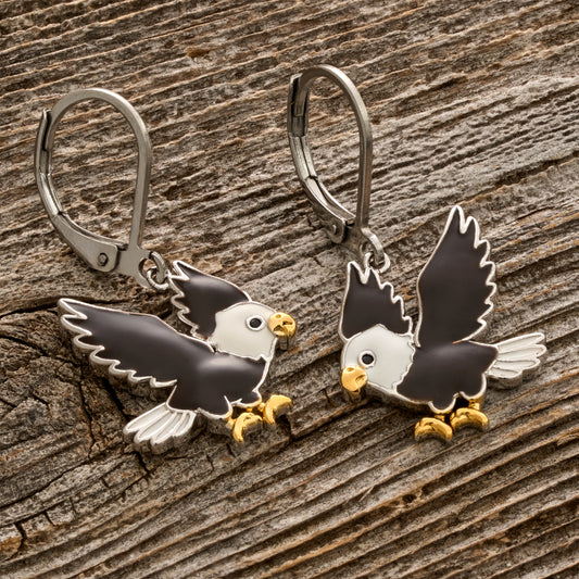 White & Brown Enamel Eagle Leverback Earrings