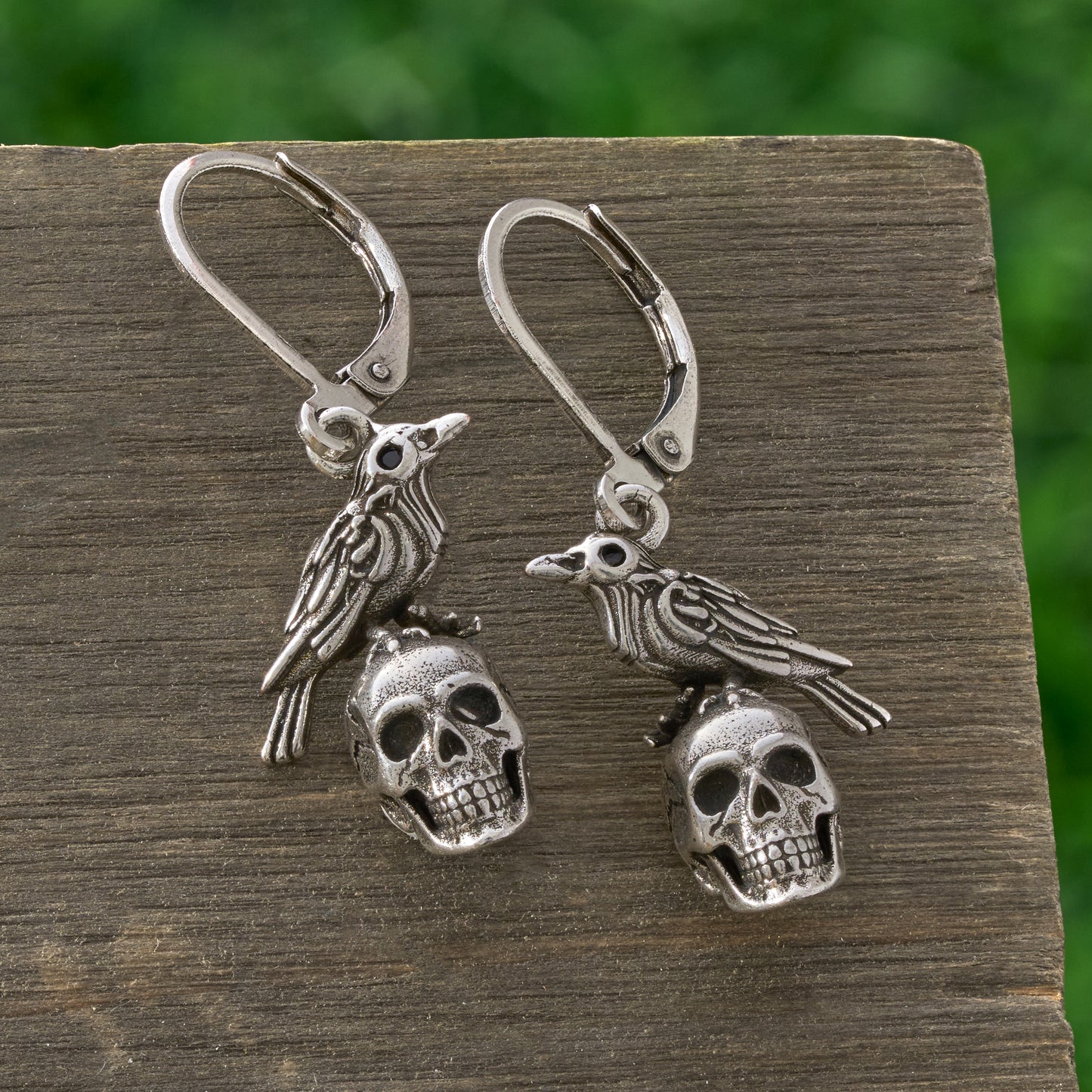 Vintage Raven on Skull Leverback Earrings