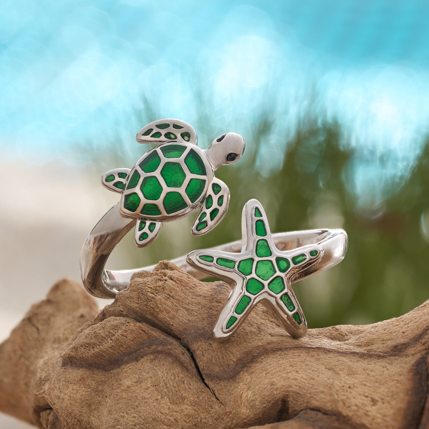 Green Sea Turtle & Starfish Enamel Ring