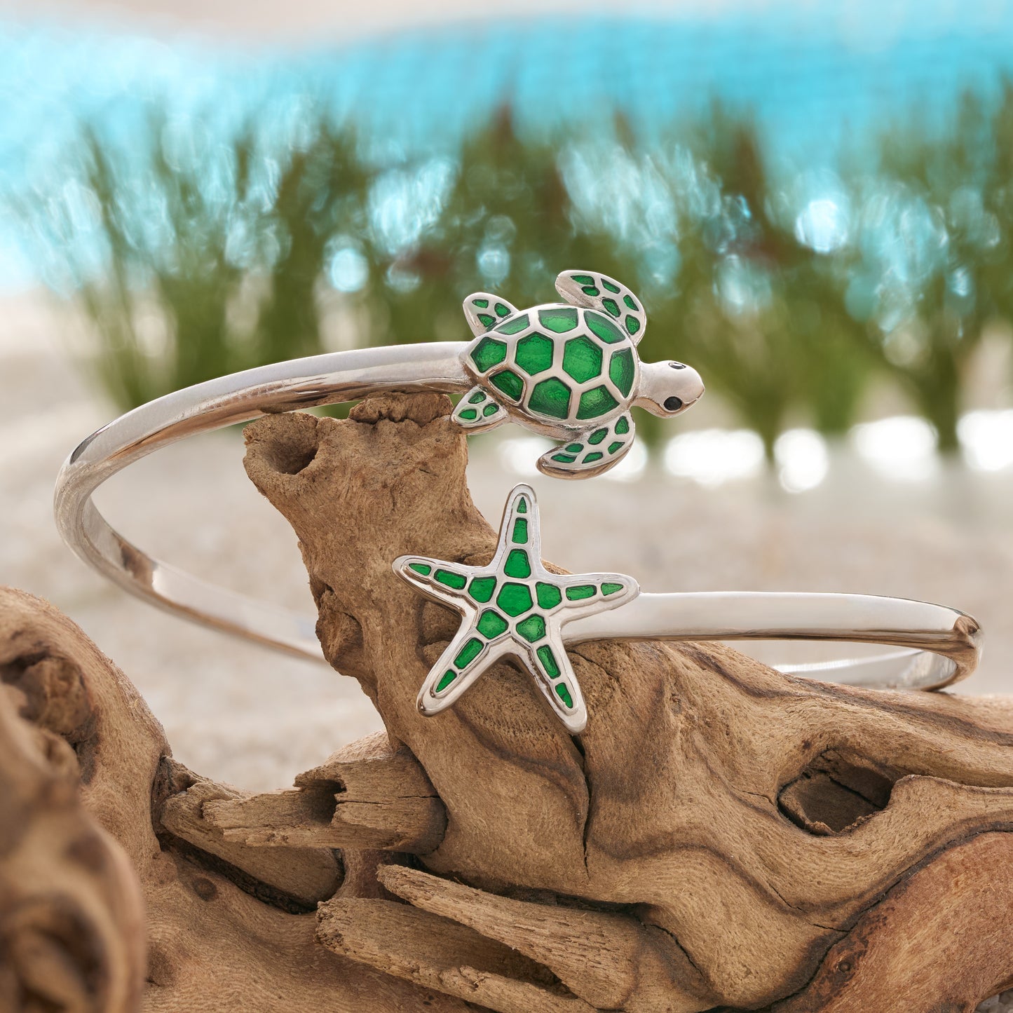 Green Sea Turtle & Starfish Cuff Bracelet