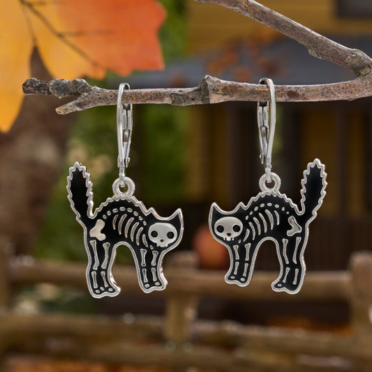 Skeleton Cat Leverback Earrings