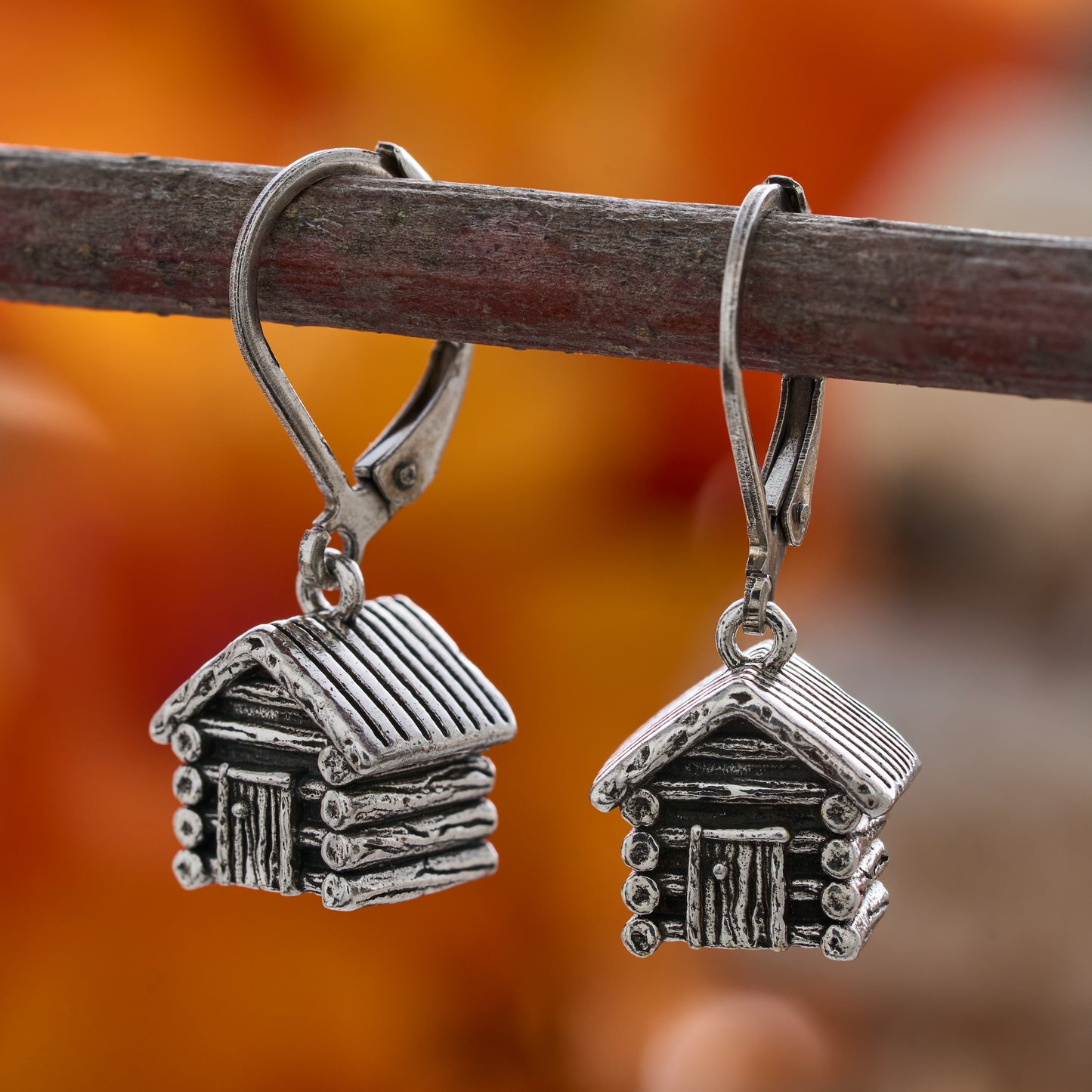 Rustic Log Cabin Leverback Earrings