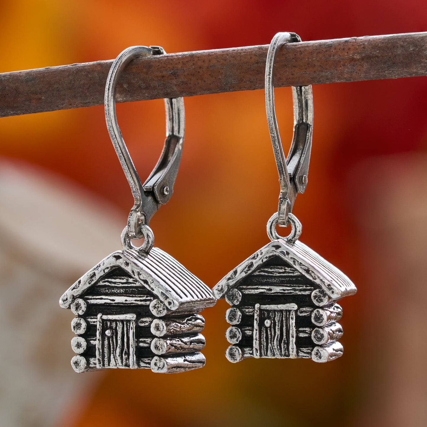 Rustic Log Cabin Leverback Earrings