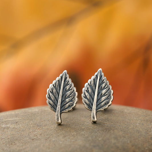Sterling Silver Tiny Birch Leaf Studs