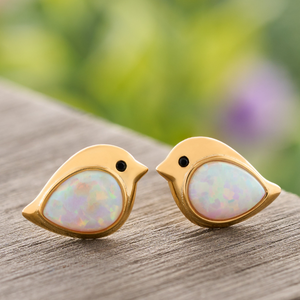 Gold Sterling Silver White Opal Birdie Studs