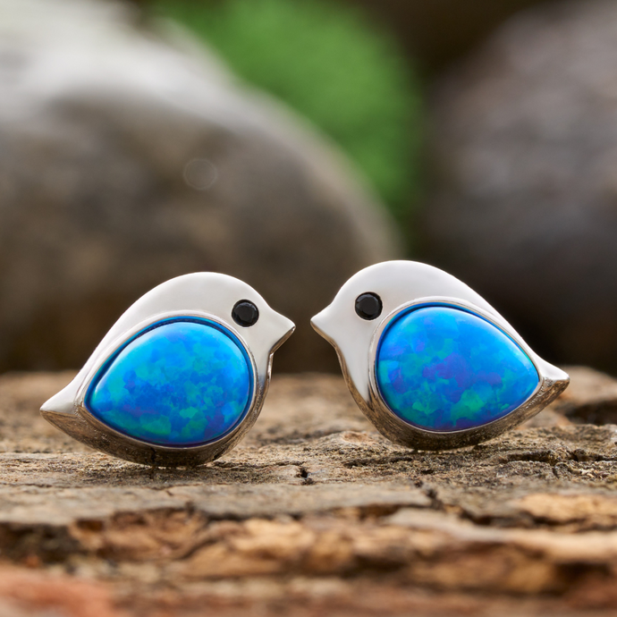 Sterling Silver Blue Opal Birdie Studs