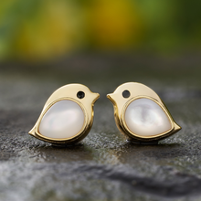 Load image into Gallery viewer, Gold Sterling Silver Mother of Pearl Gemstone Birdie Studs