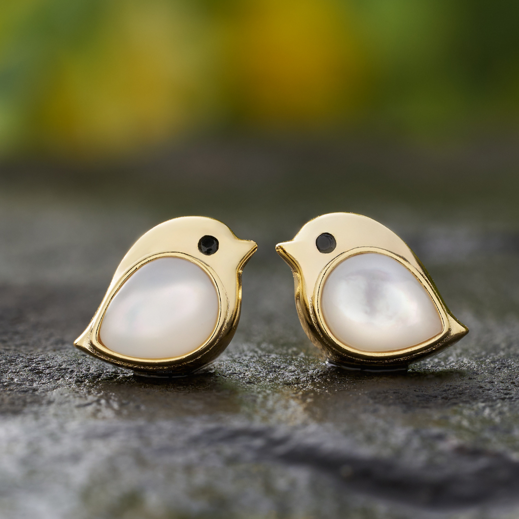 Gold Sterling Silver Mother of Pearl Gemstone Birdie Studs